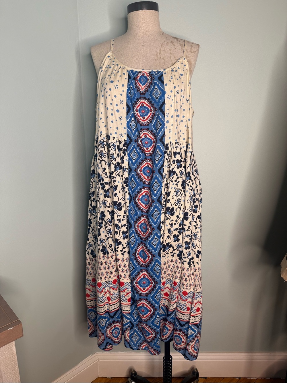 Bila Boho Midi Dress Size L – Blue Cream Print Flowy Festival Beach Summer Dress